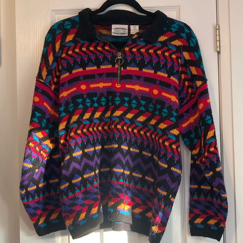 Vintage Colourful Quarter Zip Knit Sweater - M